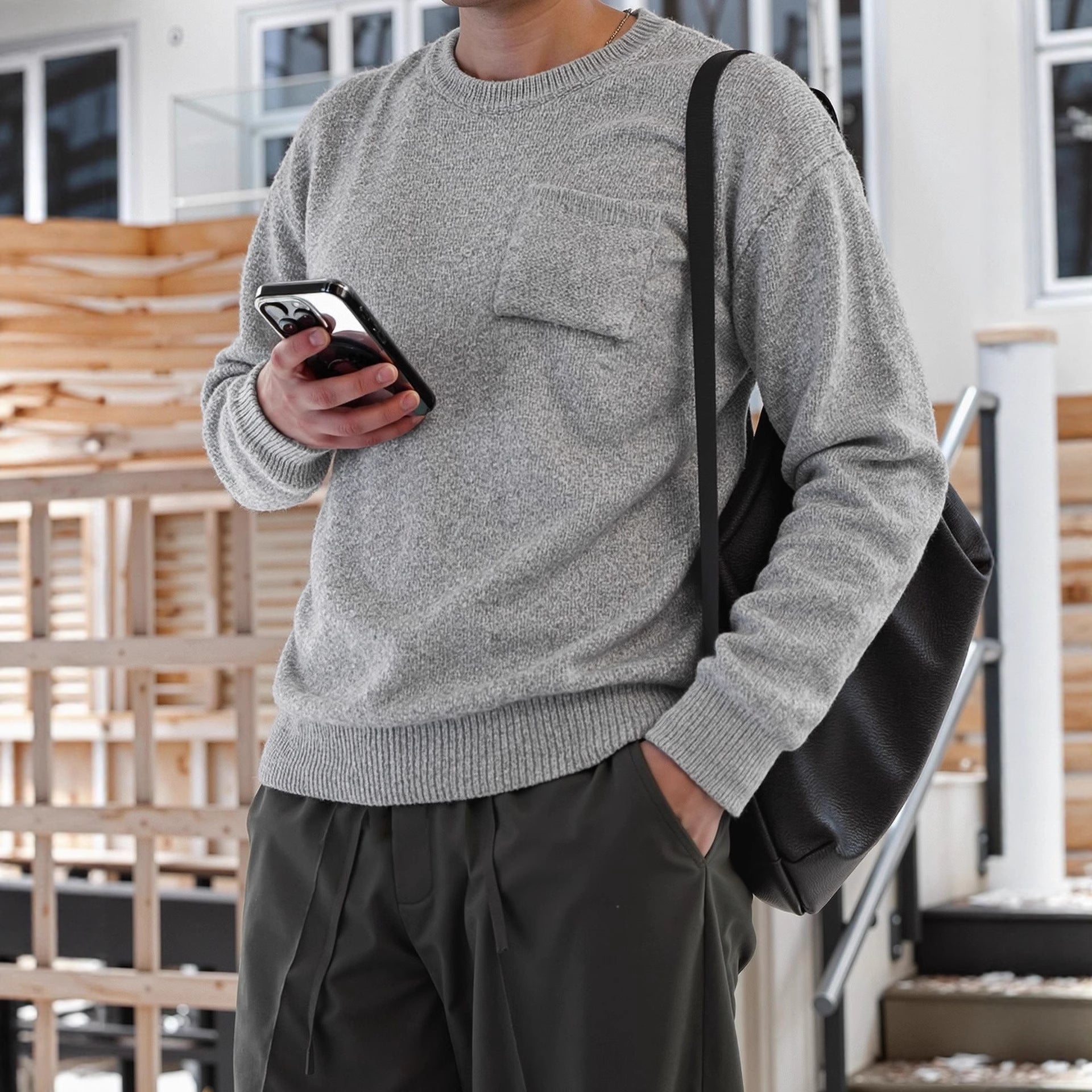 Áo Sweater Len Cổ Tròn Có Túi Tiện Dụng